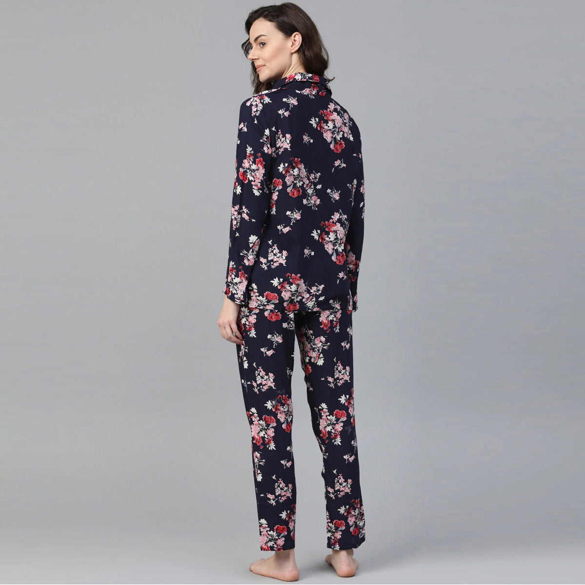 Women Dark Blue with Flower Print Night Suit