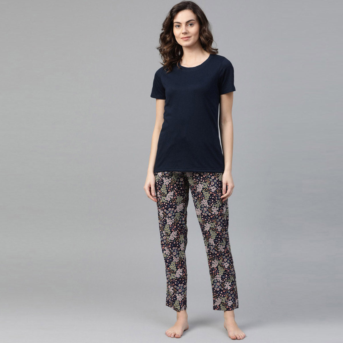 Women Navy Blue Tee With Navy Blue Printed Pyjama set