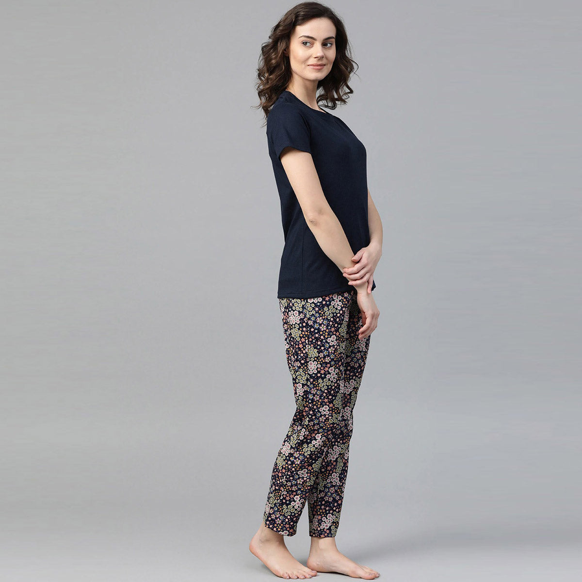 Women Navy Blue Tee With Navy Blue Printed Pyjama set