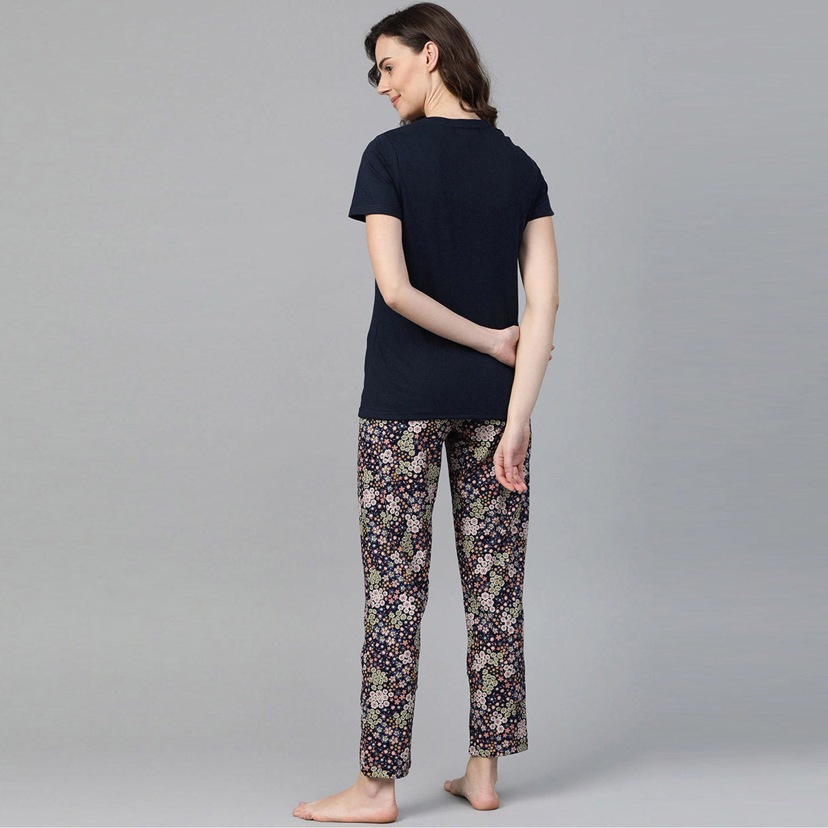Women Navy Blue Tee With Navy Blue Printed Pyjama set