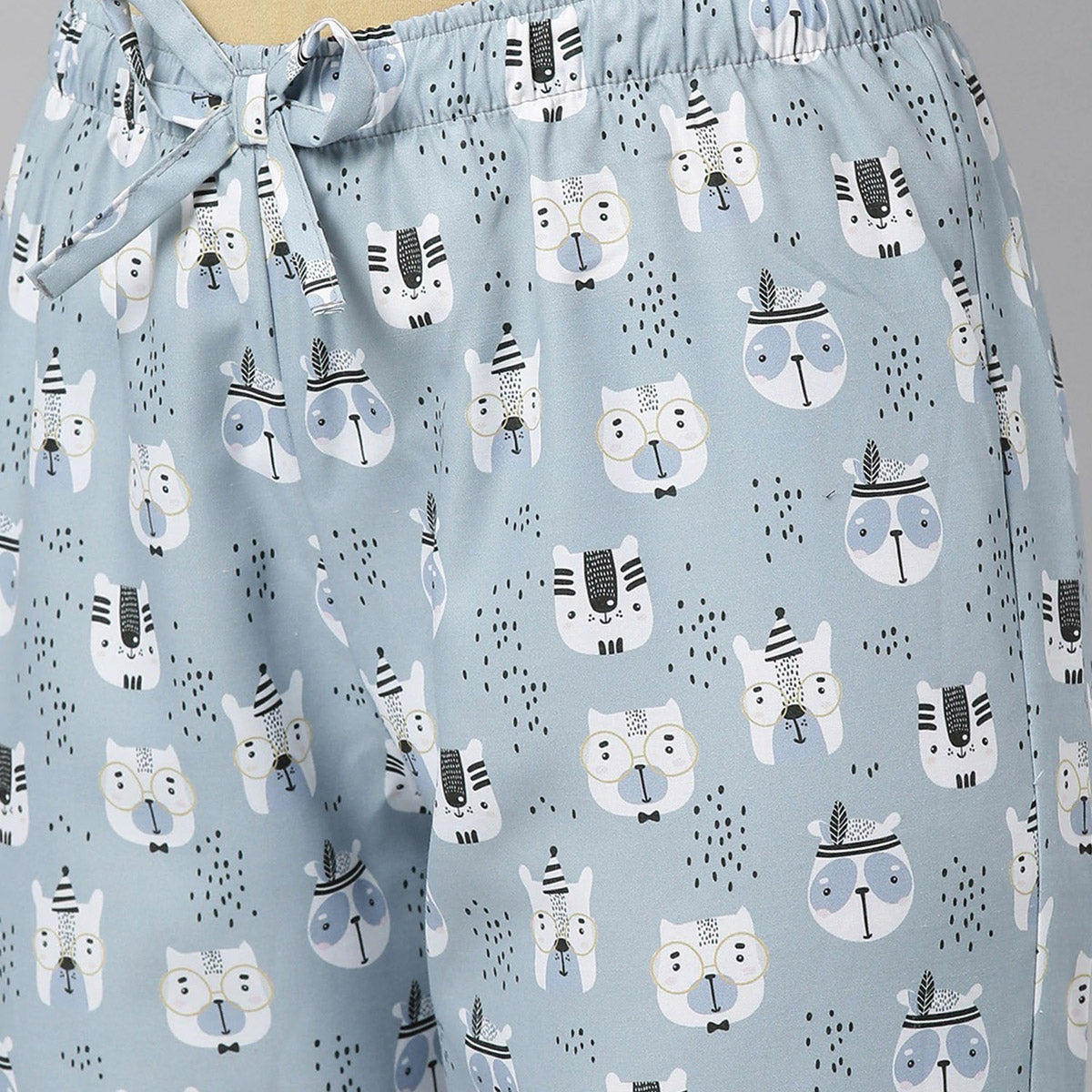 Women Black T-Shirt with Grey Animal Print Night Suit