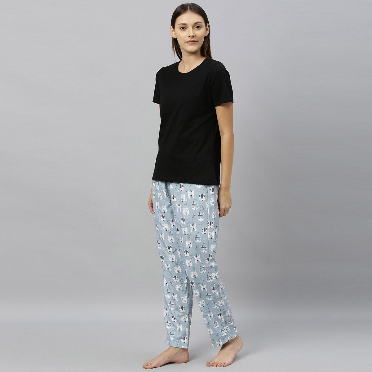 Women Black T-Shirt with Grey Animal Print Night Suit