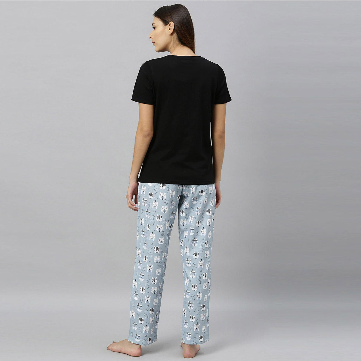 Women Black T-Shirt with Grey Animal Print Night Suit