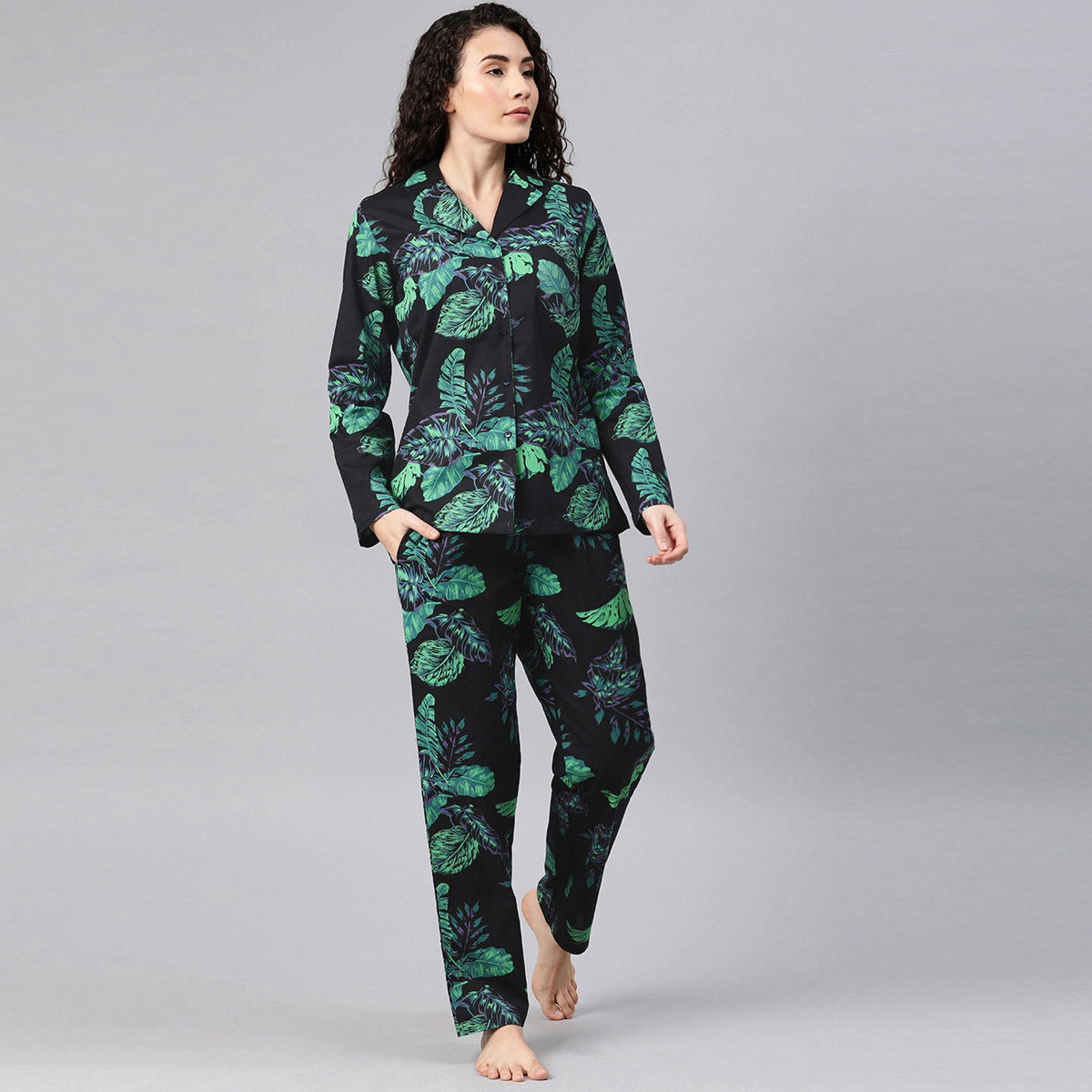 Women Black With Green Leaf Print Night Suit