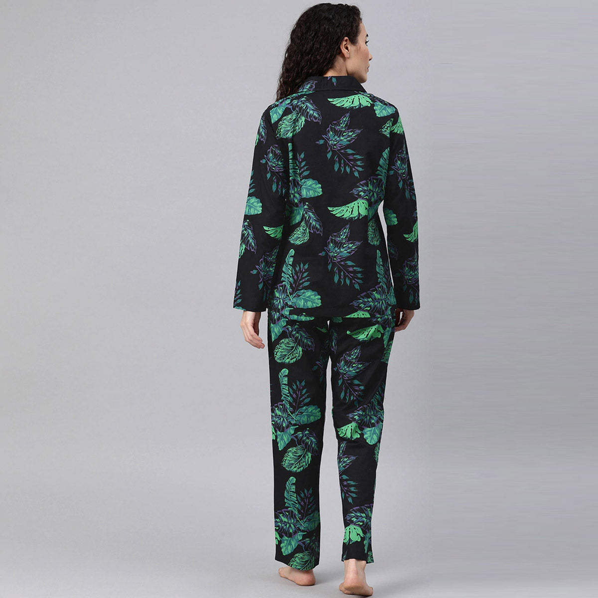Women Black With Green Leaf Print Night Suit