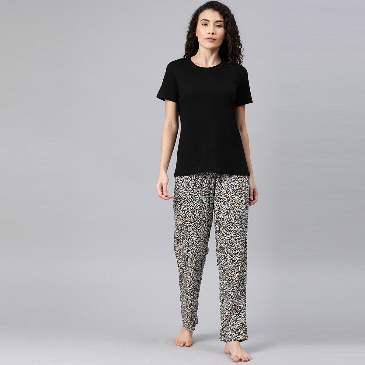 Women Black T-Shirt with Leopard Print Pyjama Night Suit