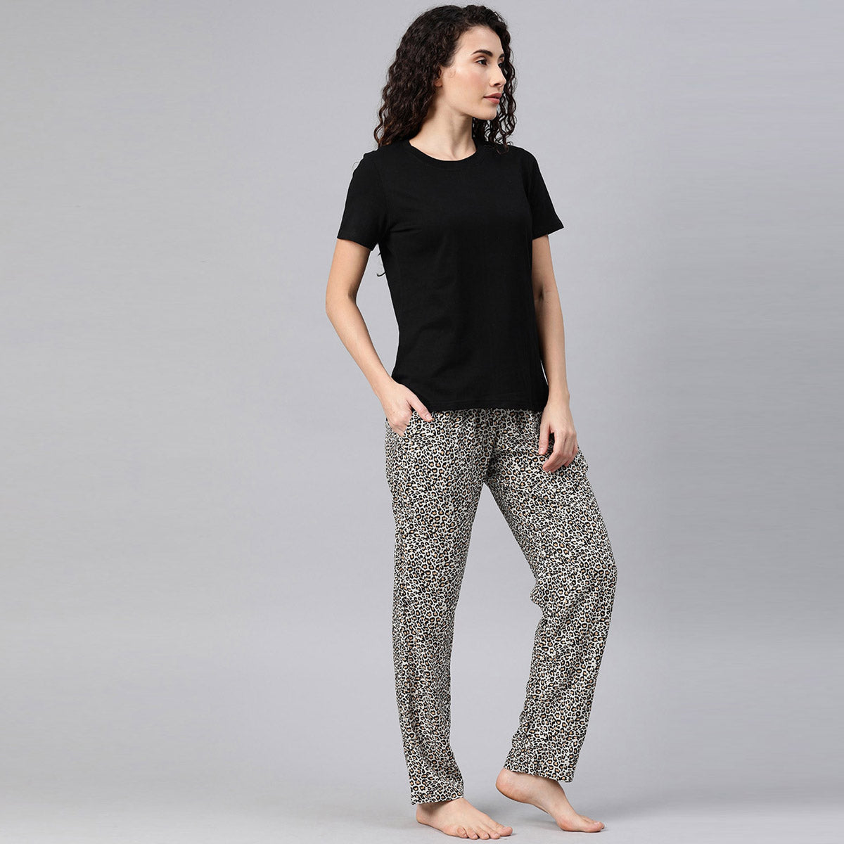 Women Black T-Shirt with Leopard Print Pyjama Night Suit