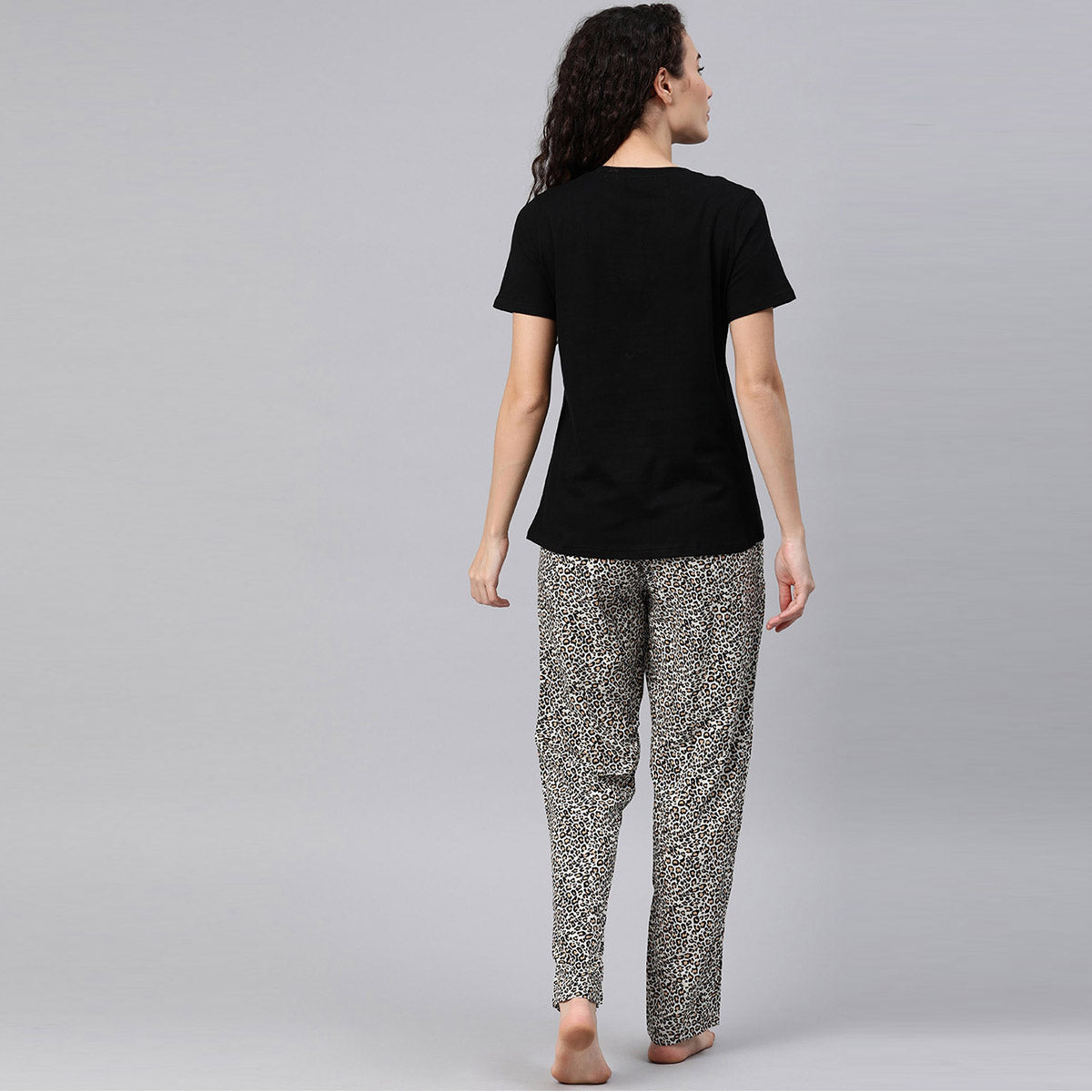 Women Black T-Shirt with Leopard Print Pyjama Night Suit