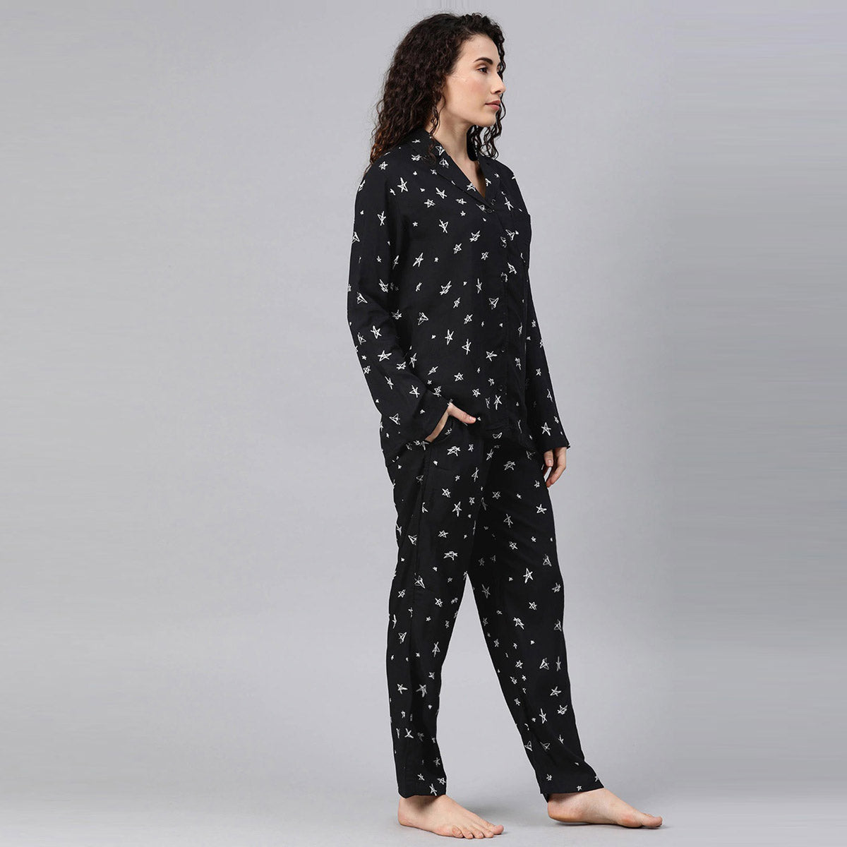 Women Black With Star Print Night Suit