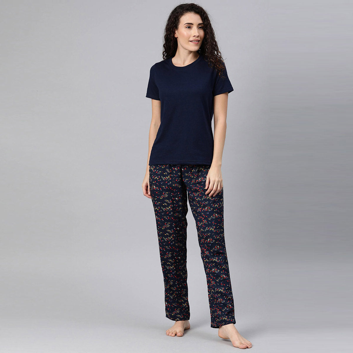 Women Navy Blue T-Shirt with Small Flower Print Night Suit