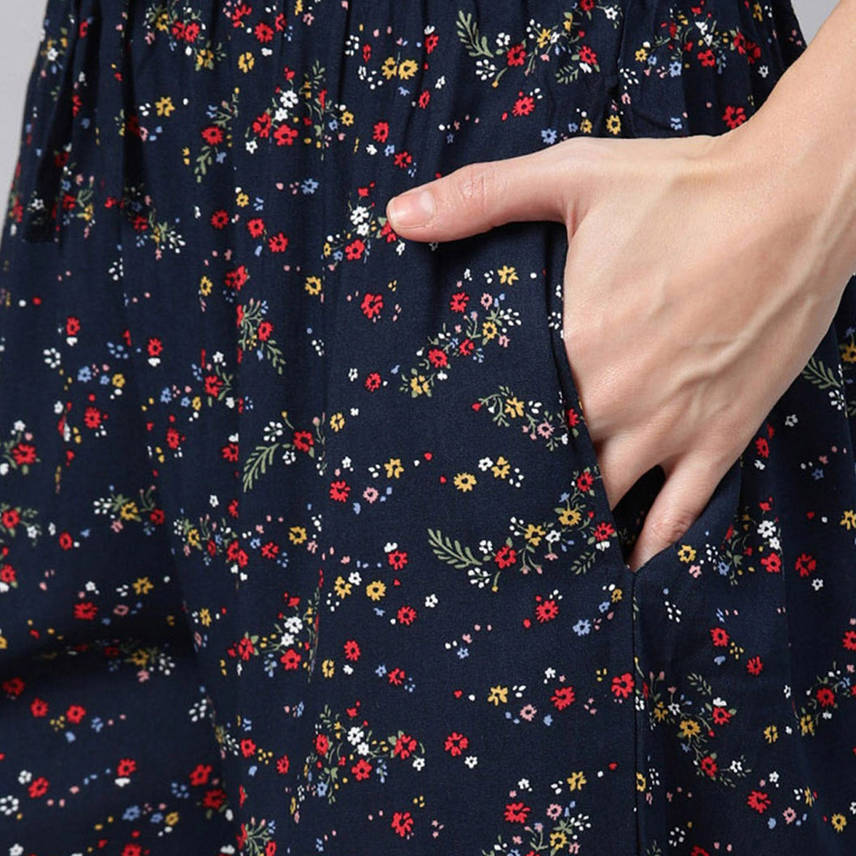Women Navy Blue T-Shirt with Small Flower Print Night Suit