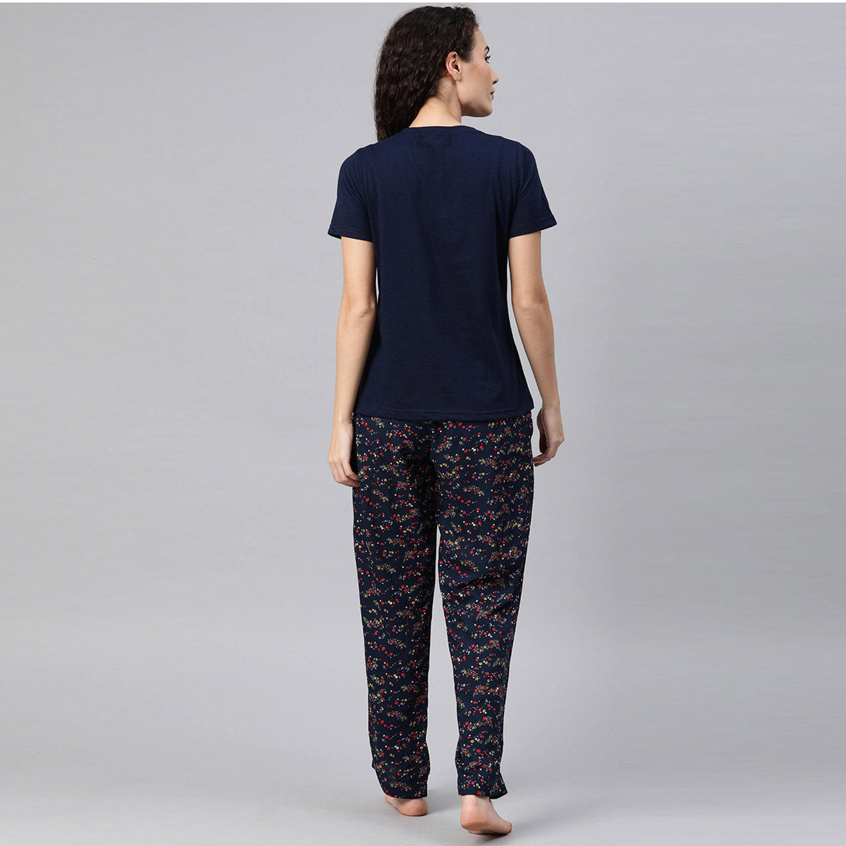 Women Navy Blue T-Shirt with Small Flower Print Night Suit