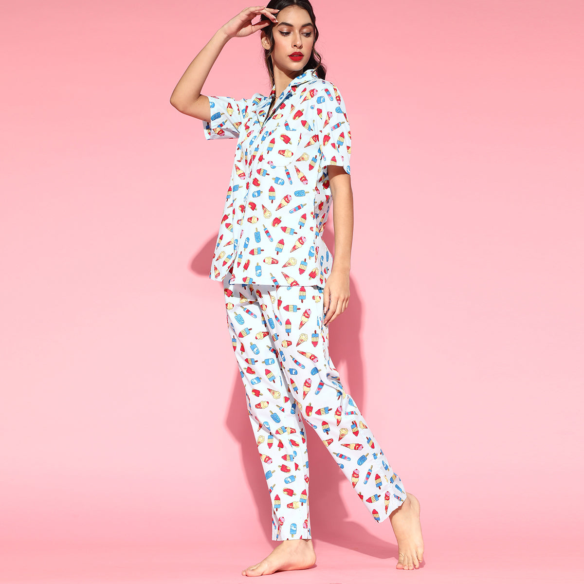 Women Light Blue Icecream Print Night Suit