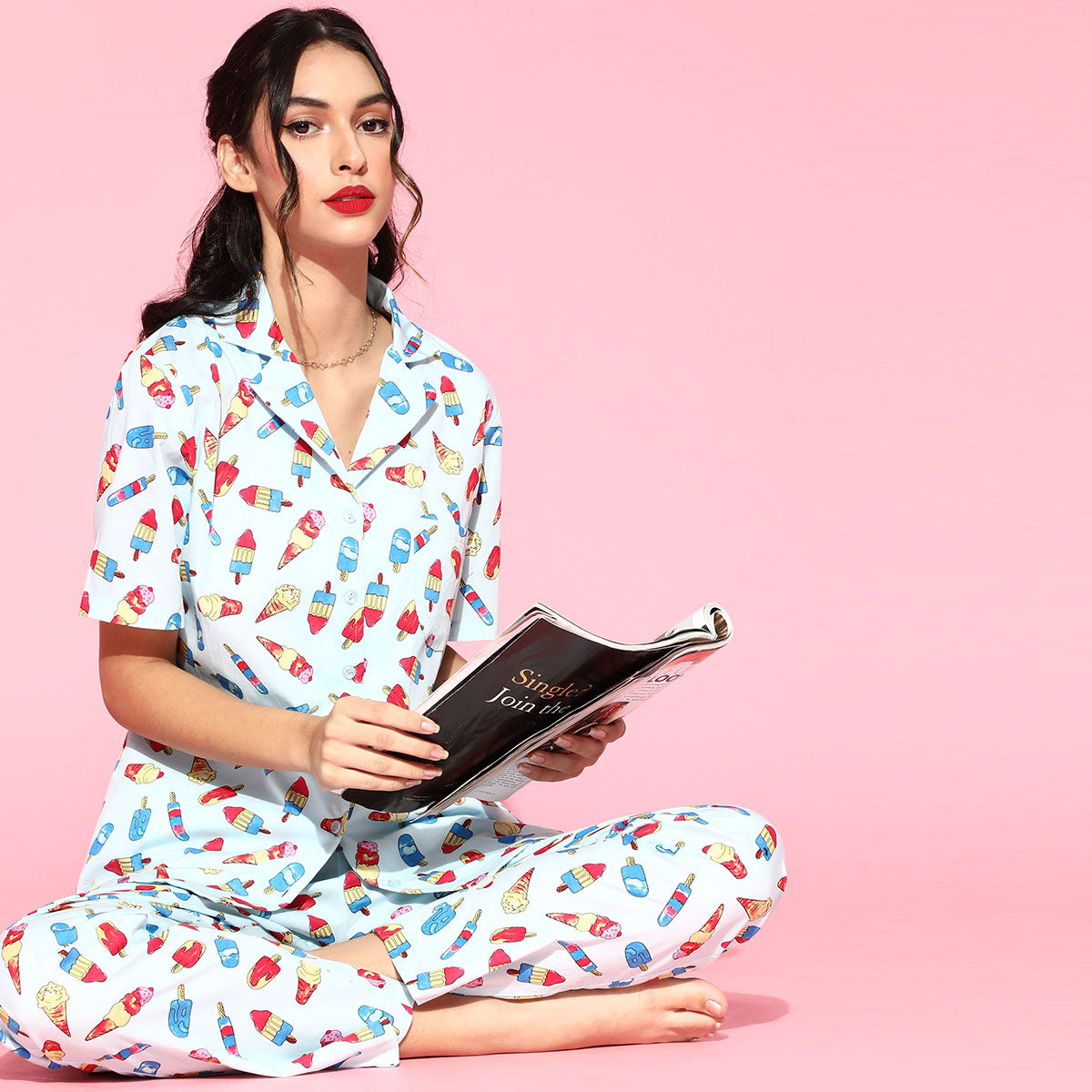 Women Light Blue Icecream Print Night Suit