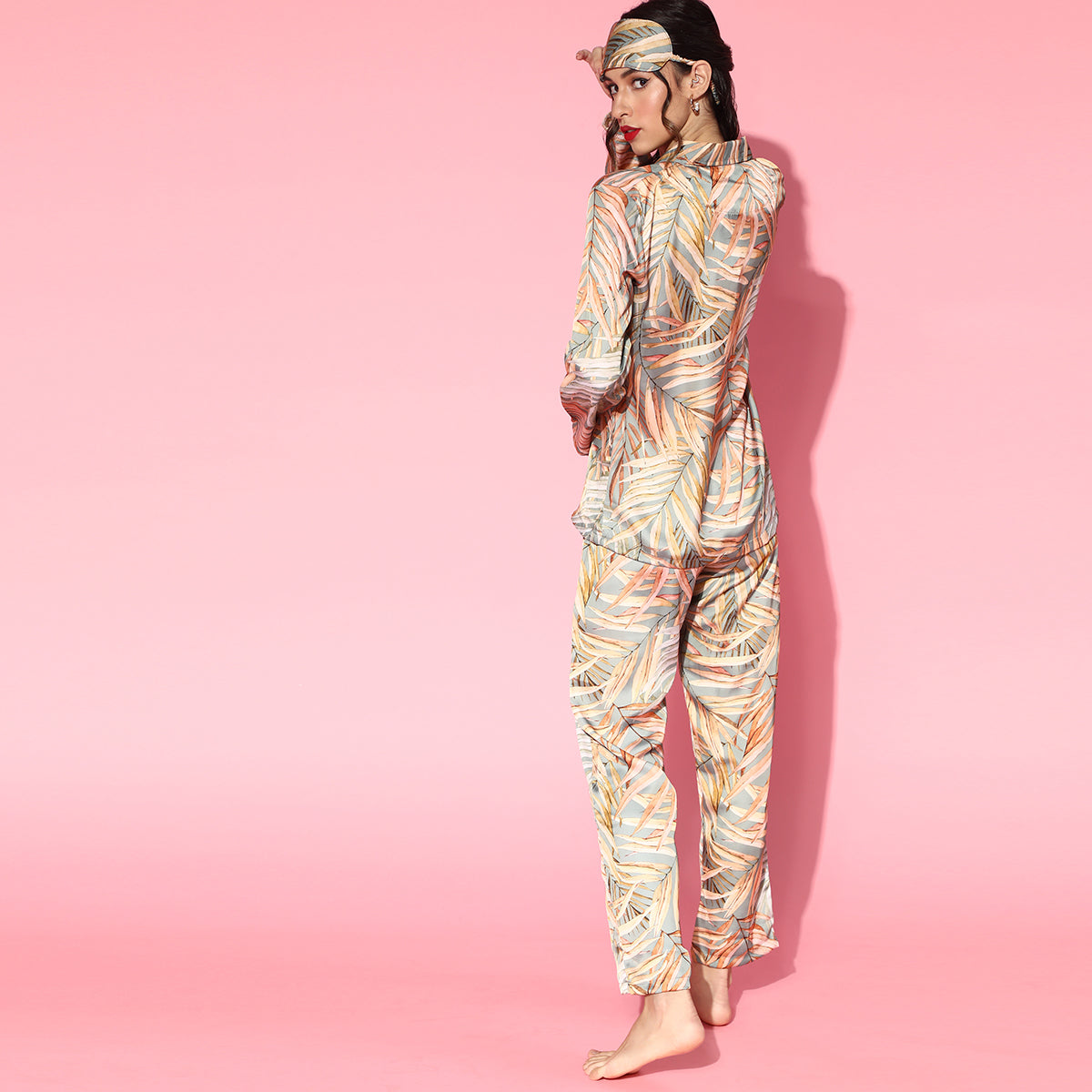 Women Green Satin With Leaf Print Night Suit