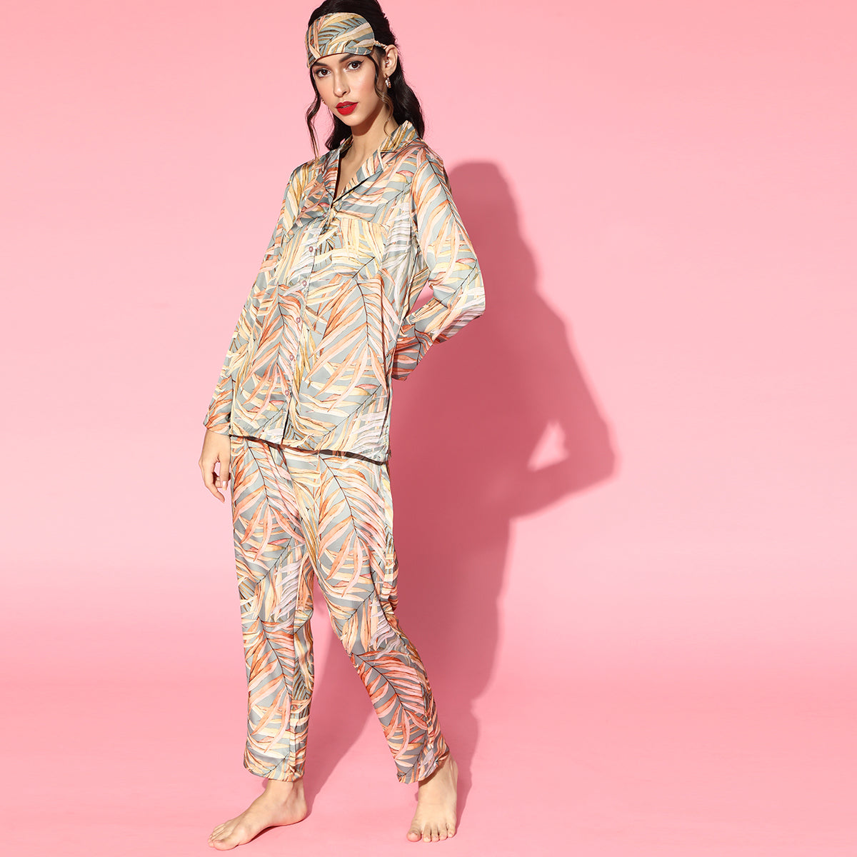 Women Green Satin With Leaf Print Night Suit