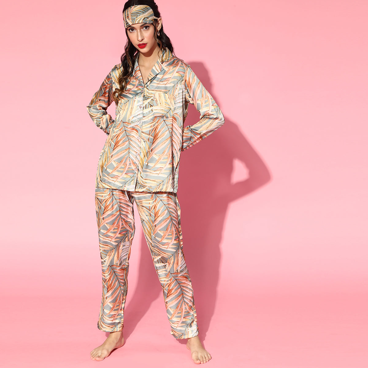 Women Green Satin With Leaf Print Night Suit