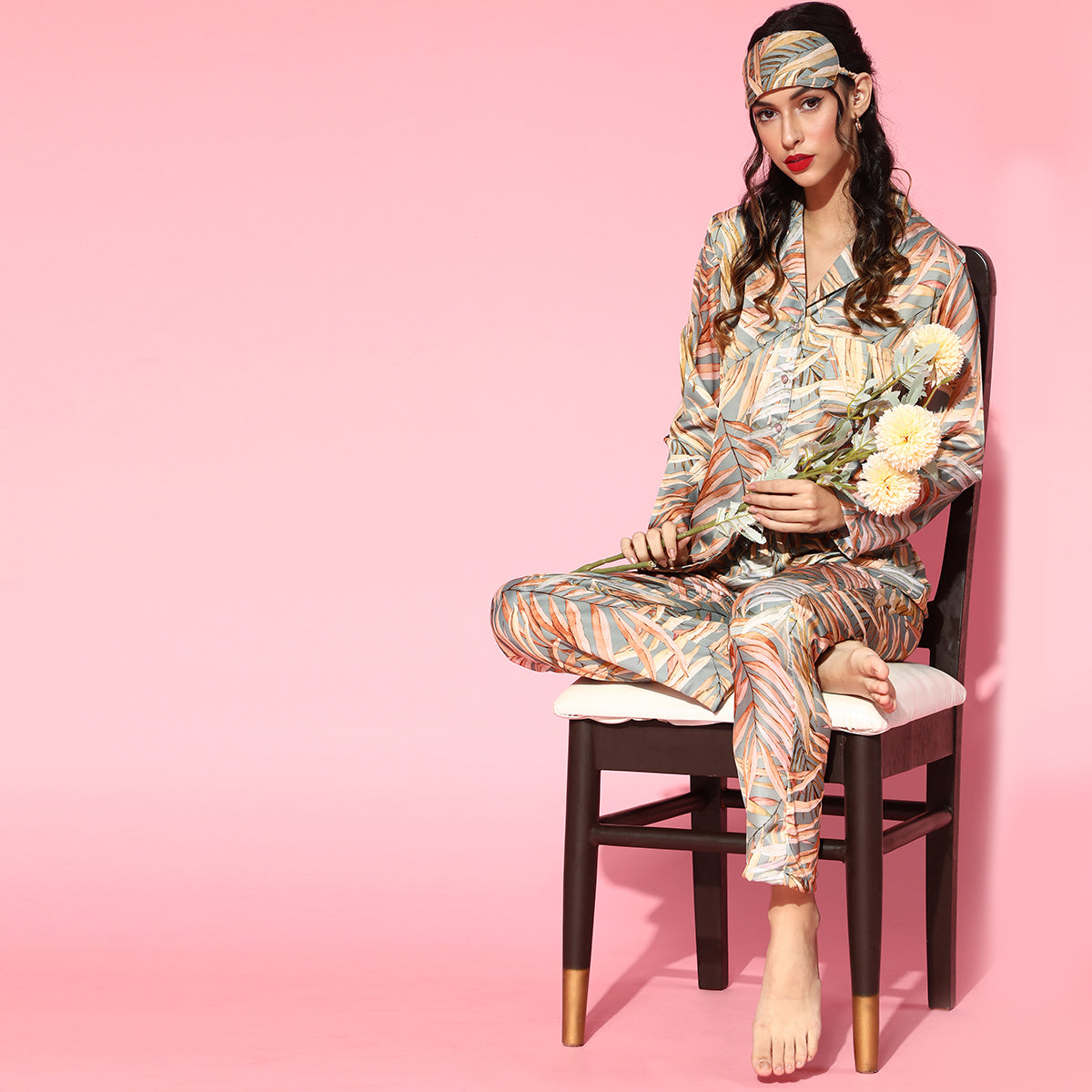 Women Green Satin With Leaf Print Night Suit