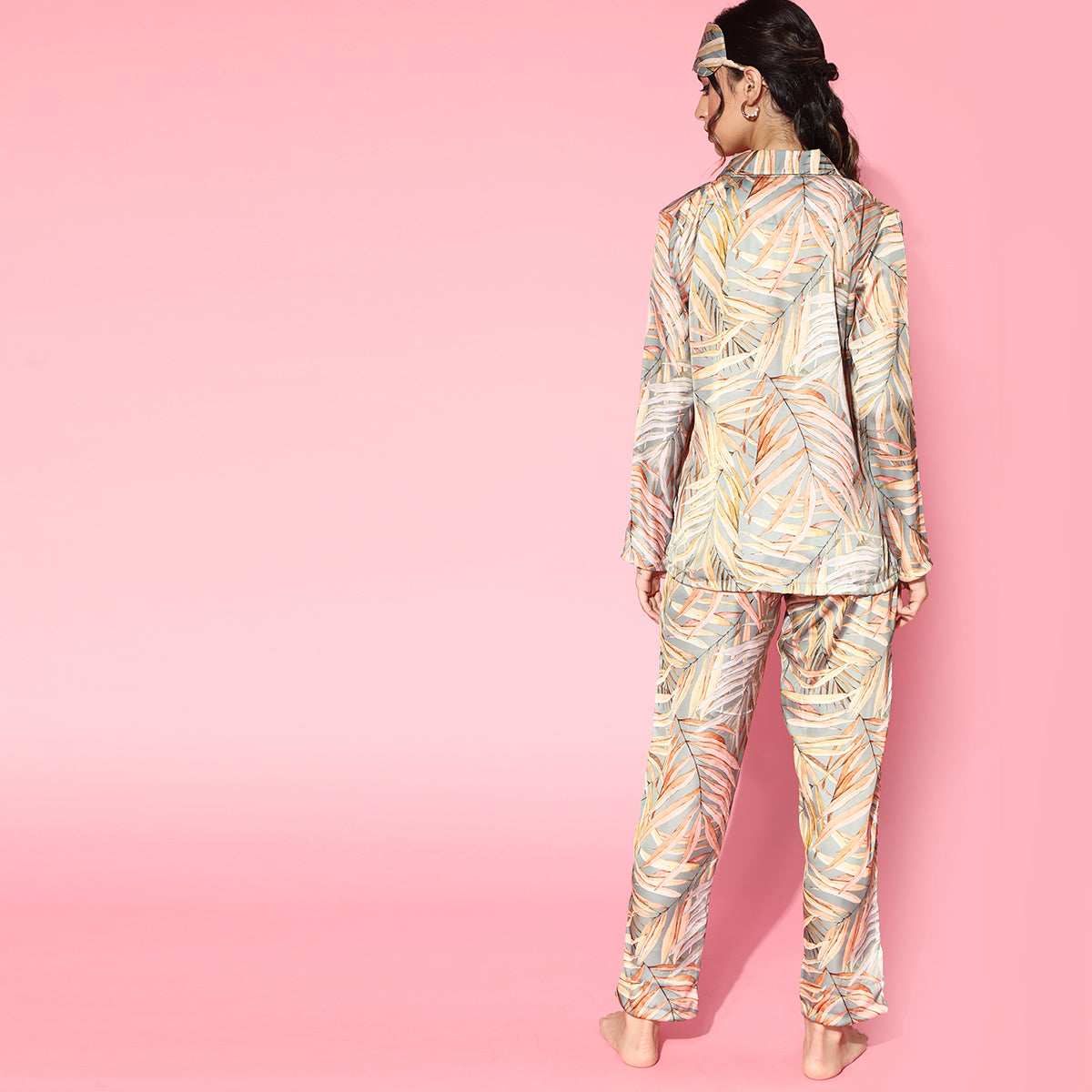 Women Green Satin With Leaf Print Night Suit