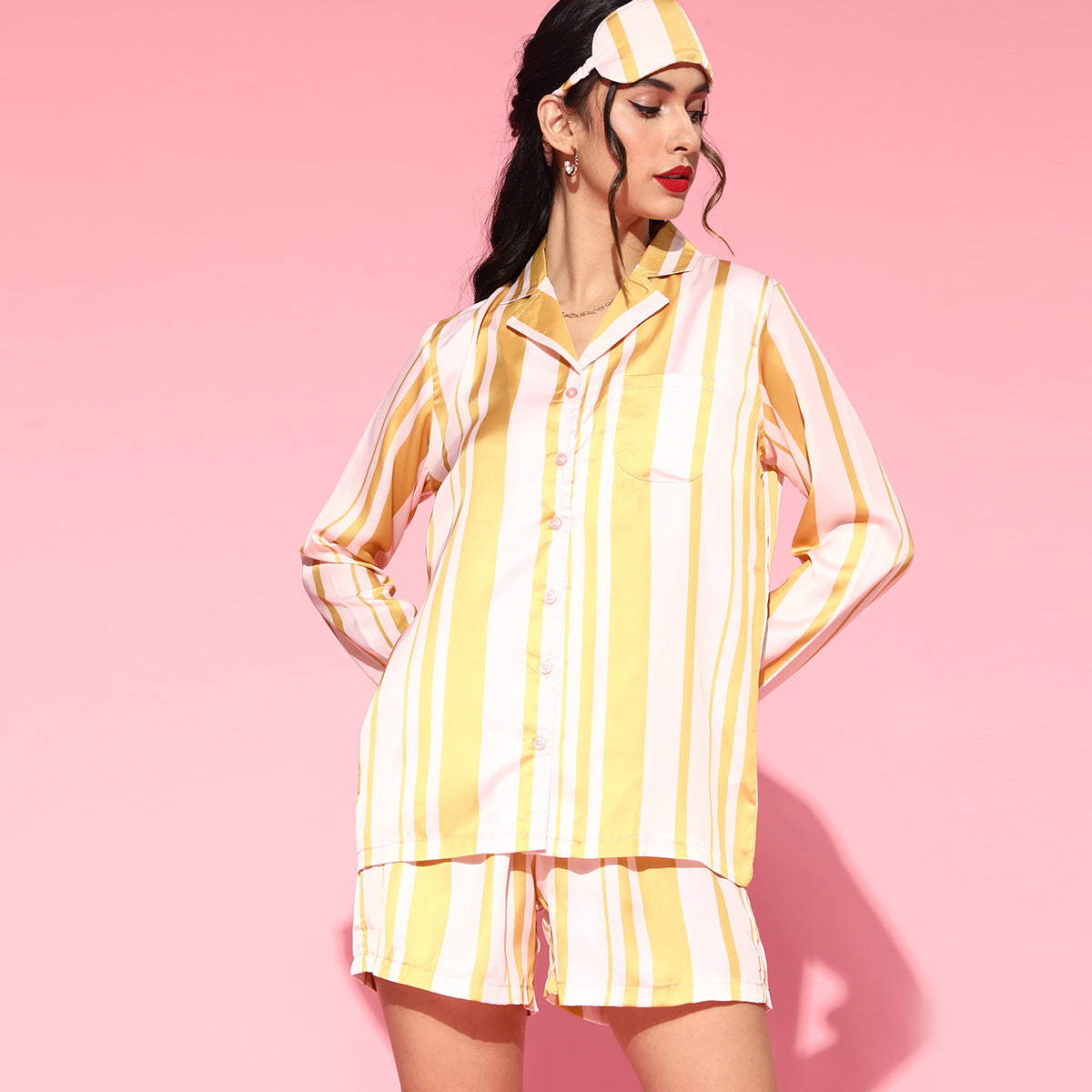 Women Yellow And Cream Strips Night Suit