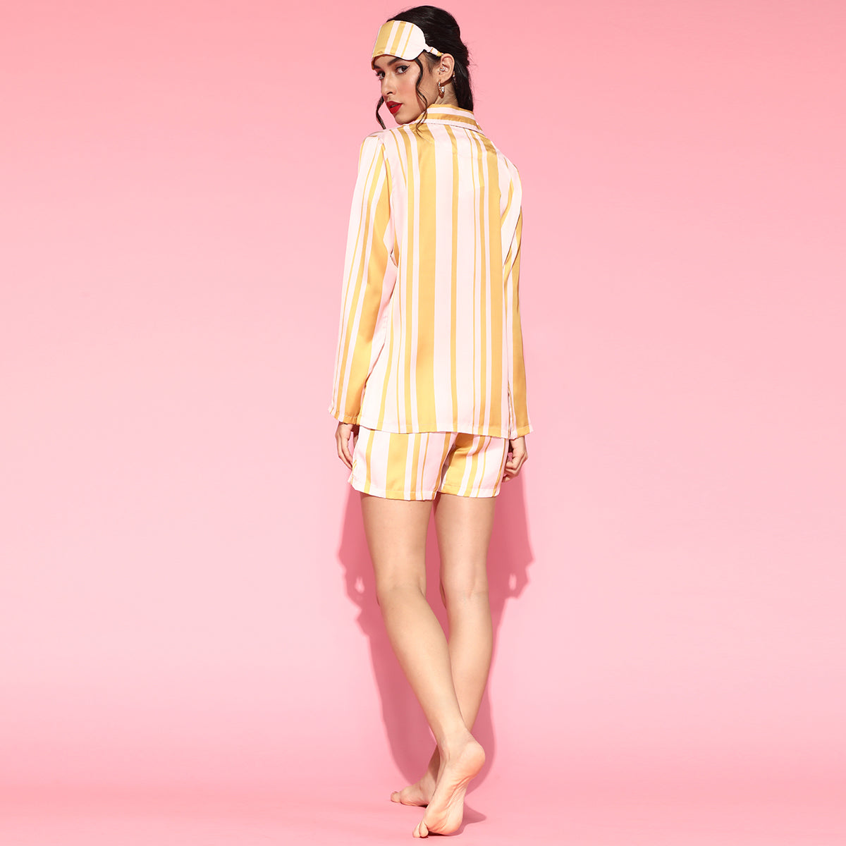 Women Yellow And Cream Strips Night Suit