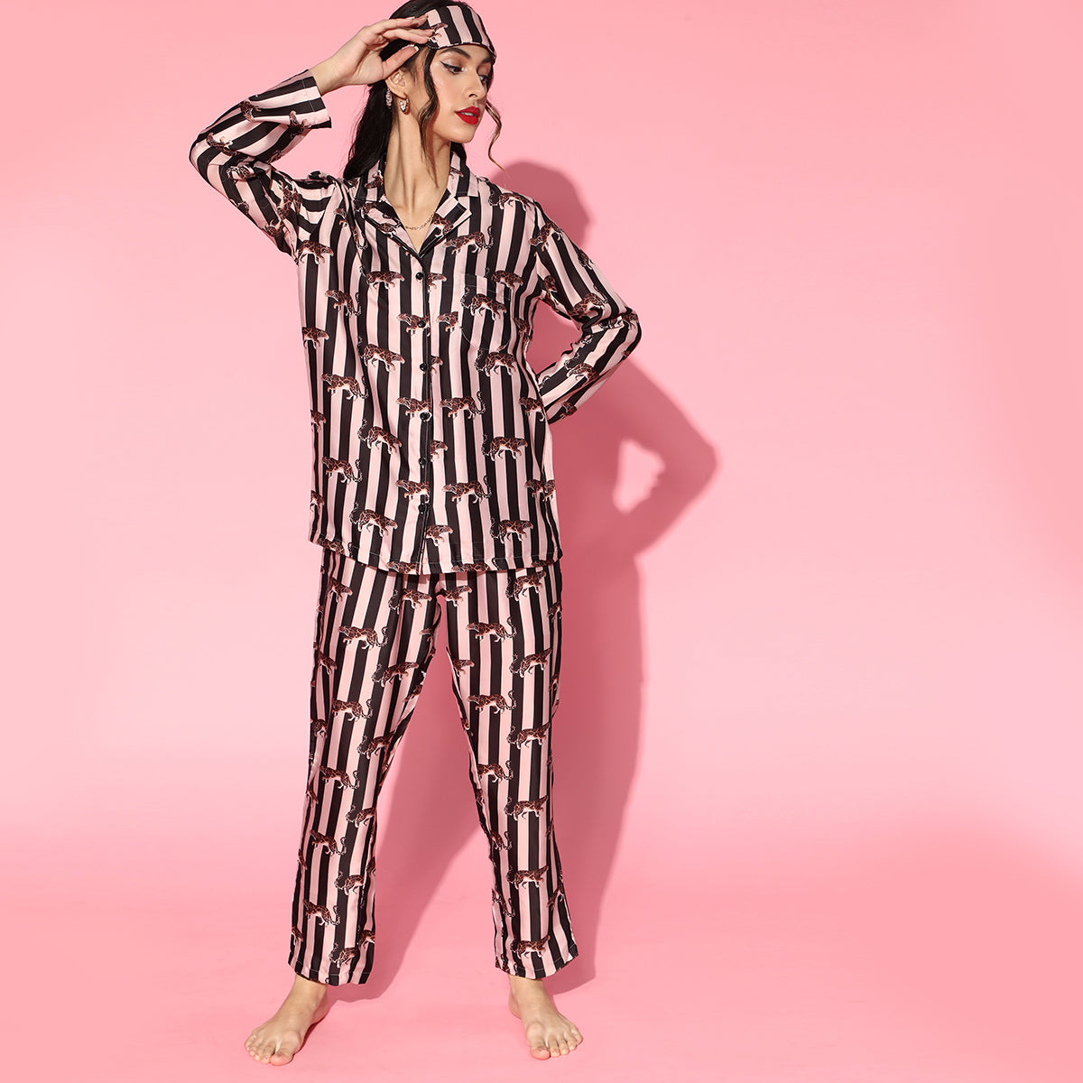 Women Black and Cream Strips with leopard print Night Suit