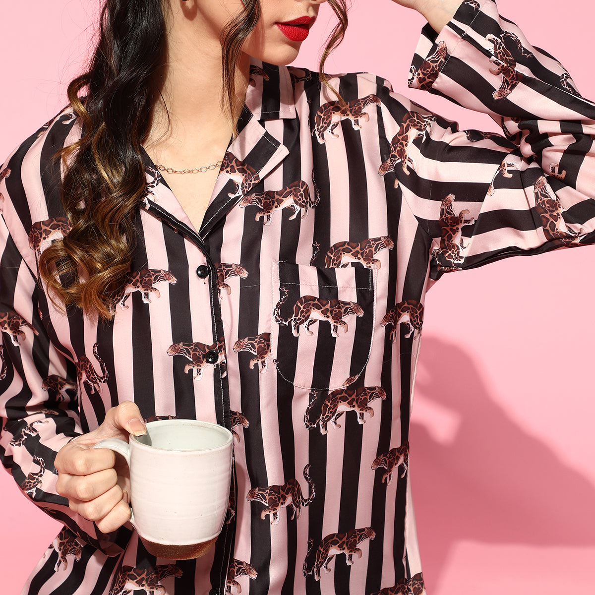 Women Black and Cream Strips with leopard print Night Suit