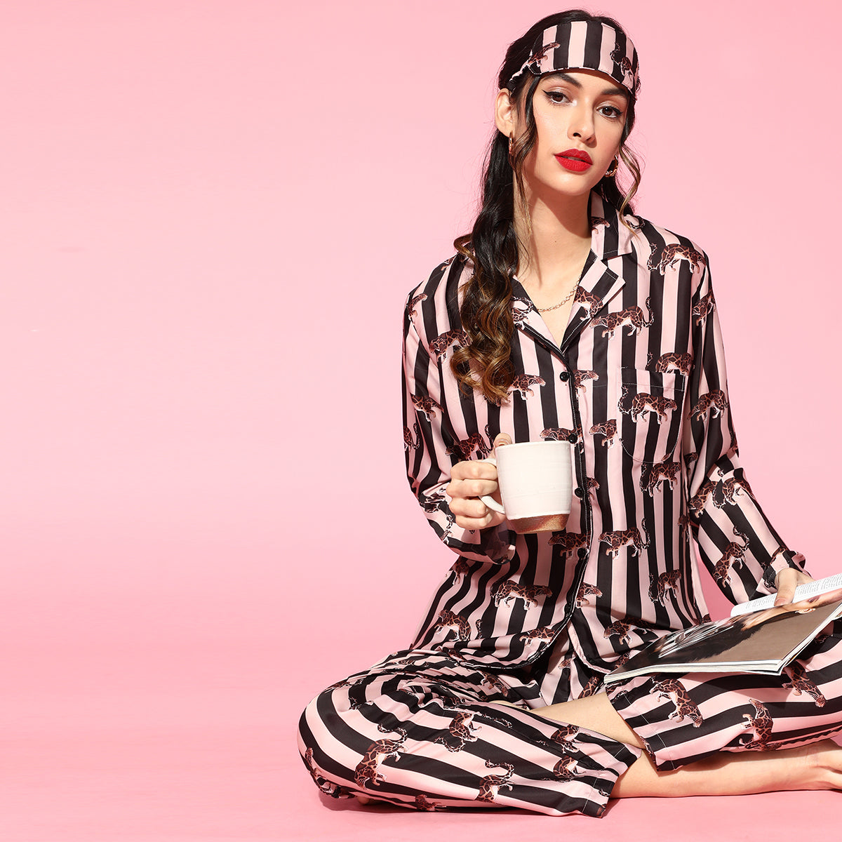 Women Black and Cream Strips with leopard print Night Suit