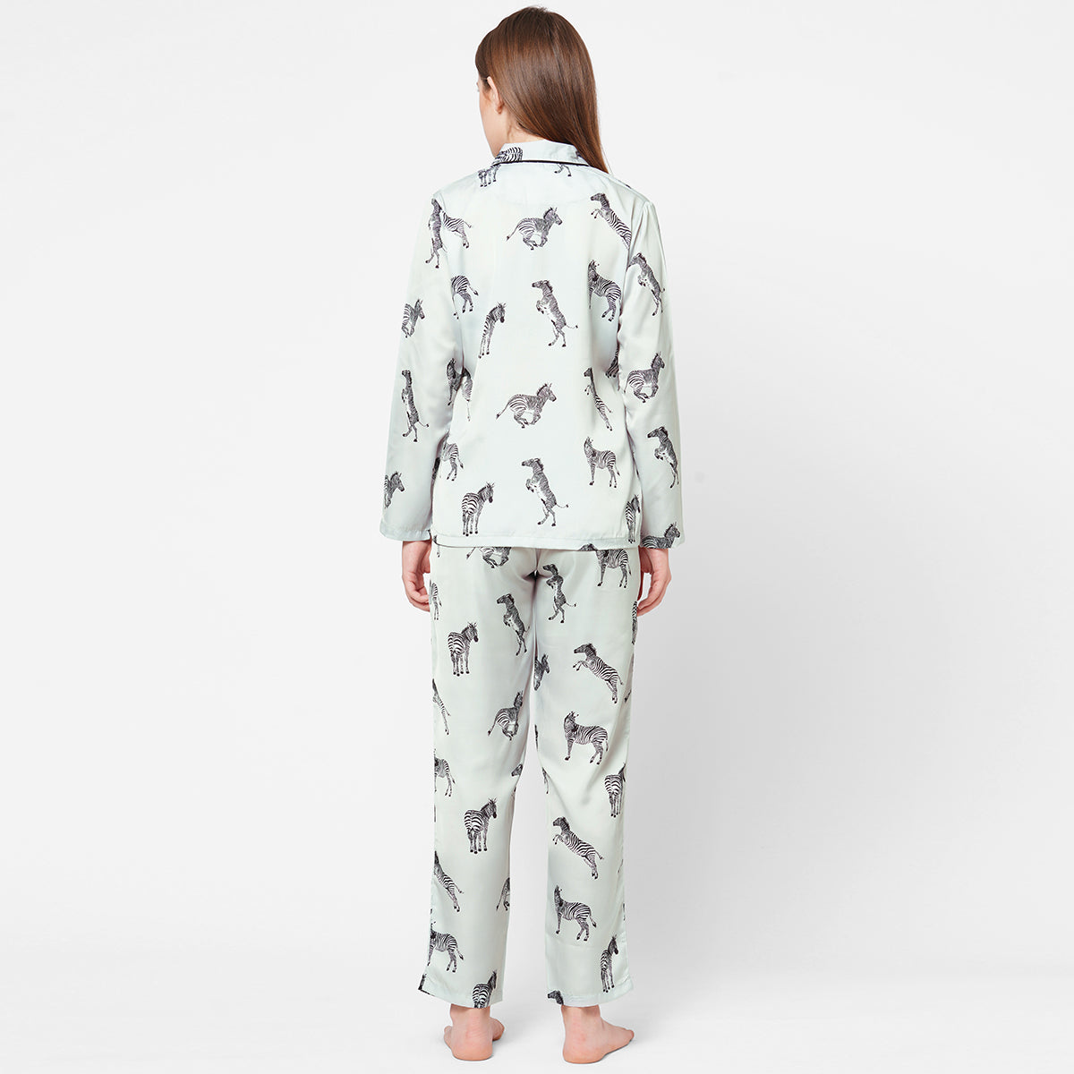 Women Black and Cream Strips with leopard print Night Suit