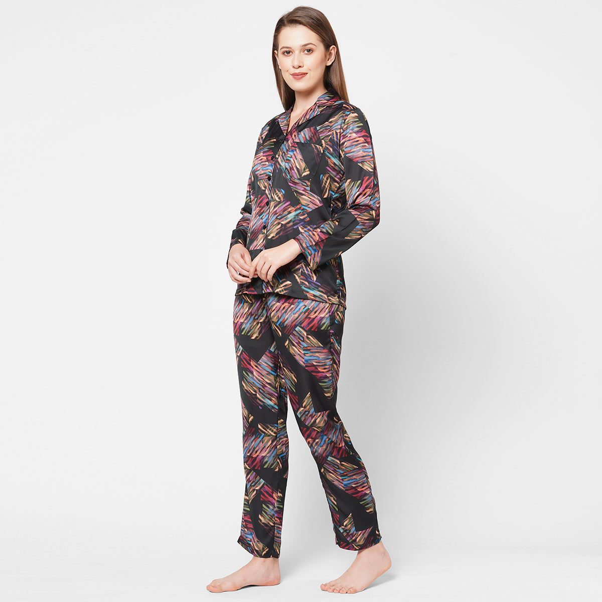 Women Black and Cream Strips with leopard print Night Suit