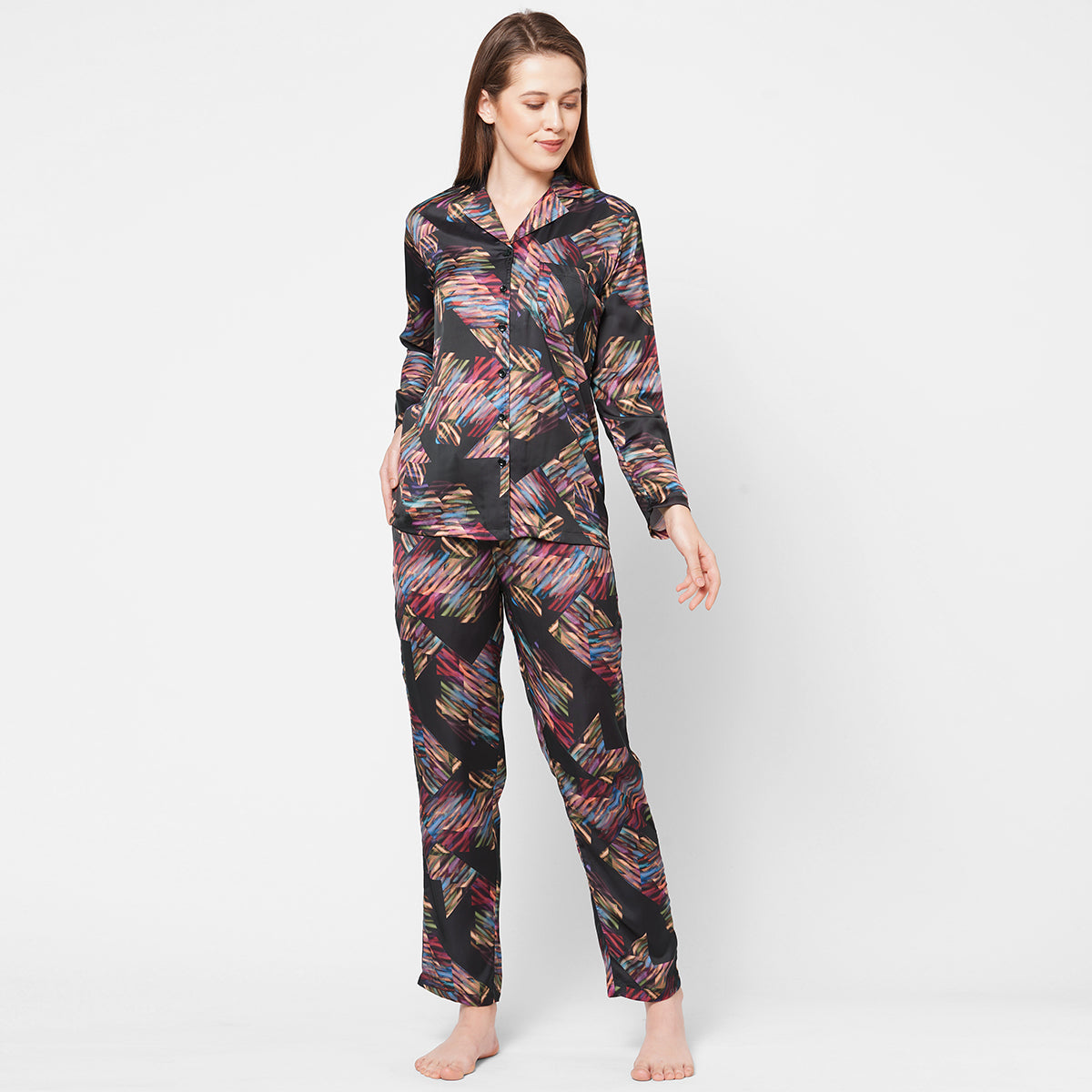 Women Black and Cream Strips with leopard print Night Suit